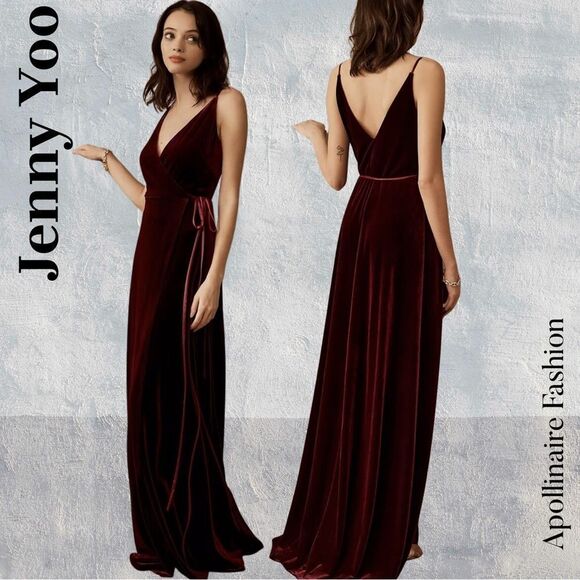 Jenny Yoo Burgundy Velvet Wrap Gown Size 6 NWT In Dark Berry - Picture 1 of 8